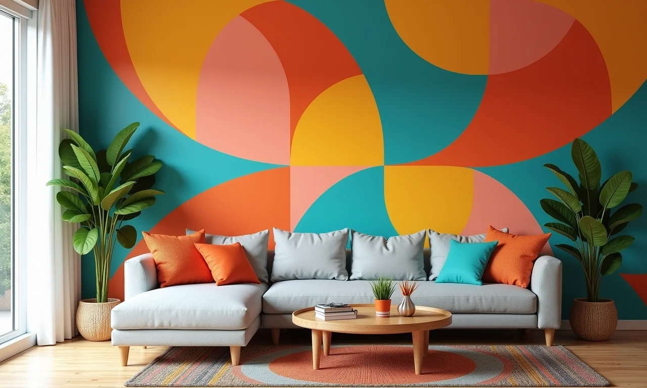 Sala de estar com design geométrico colorido feito com fita crepe.