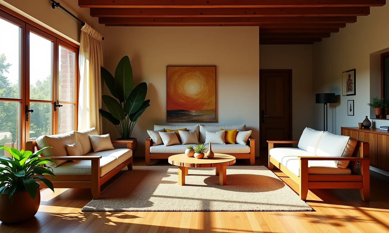 Sala de estar com móveis de madeira encerados com cera de carnaúba, estilo brasileiro.