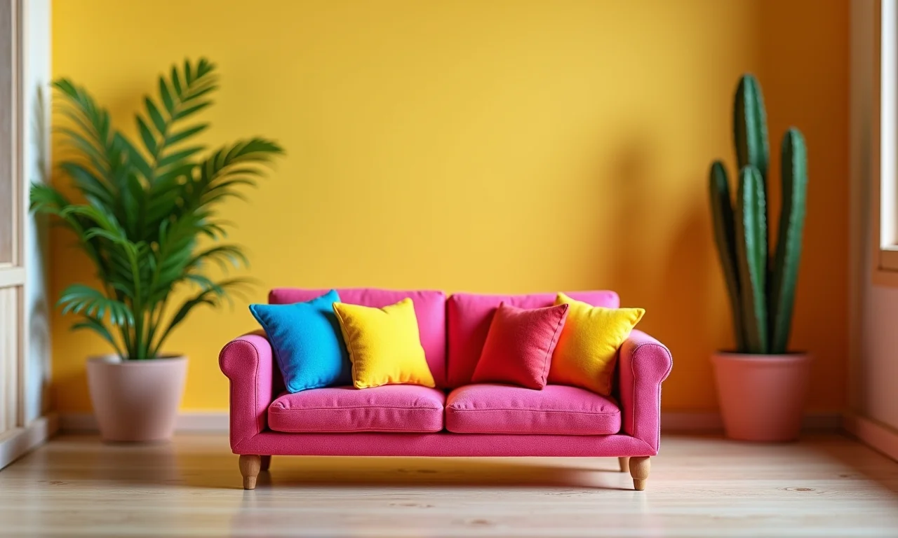 Sala de estar de casinha de boneca com decoração brasileira e móveis criativos.