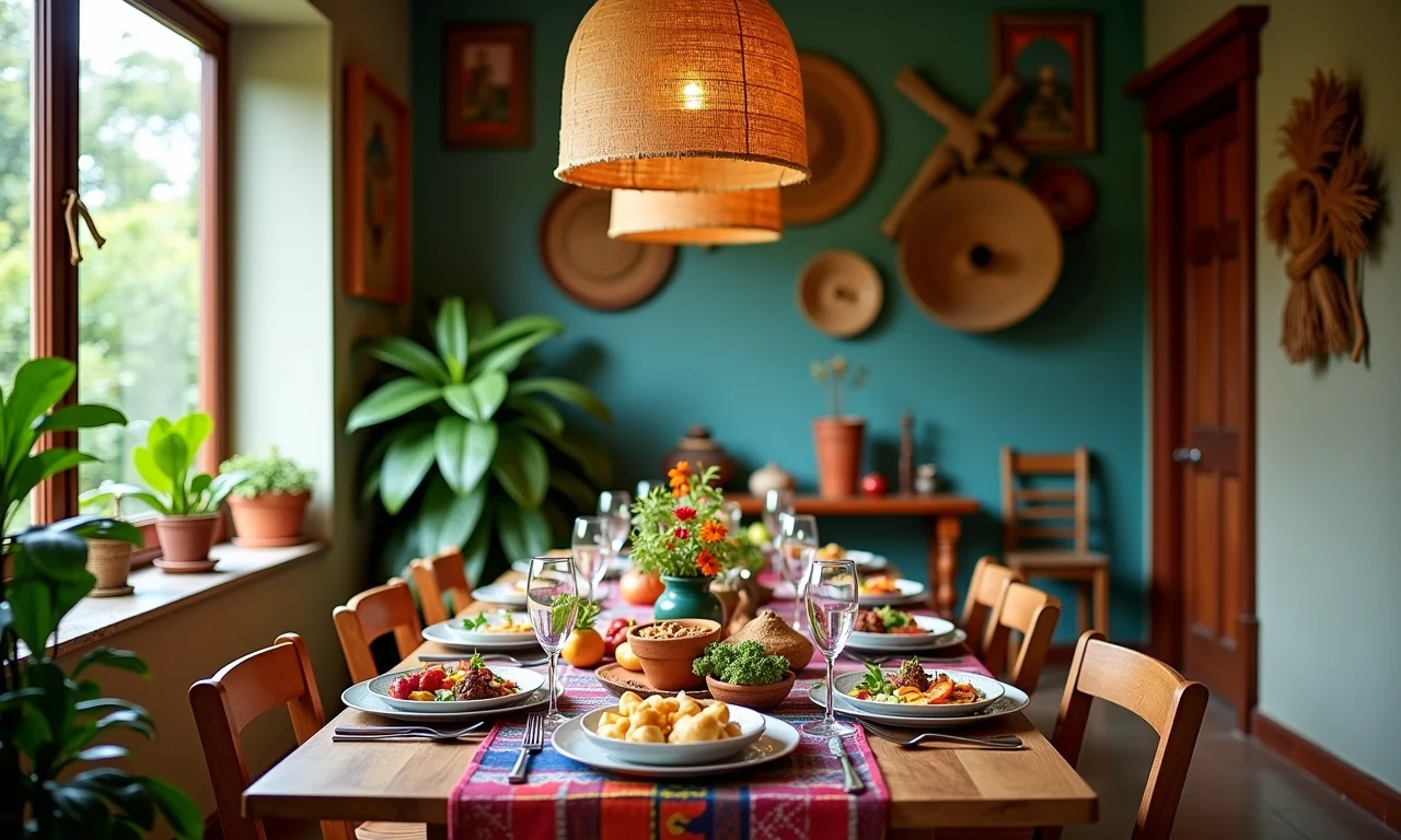 Sala de jantar charmosa decorada para almoço de domingo.