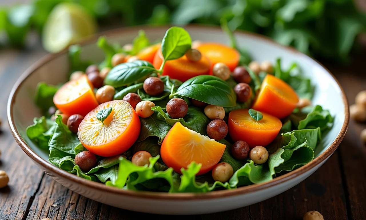 Salada agridoce com sete-capotes, folhas verdes e castanhas, com ingredientes brasileiros.