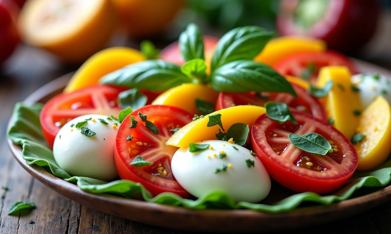 Salada Caprese tropical com manga e maracujá, refrescante e colorida.