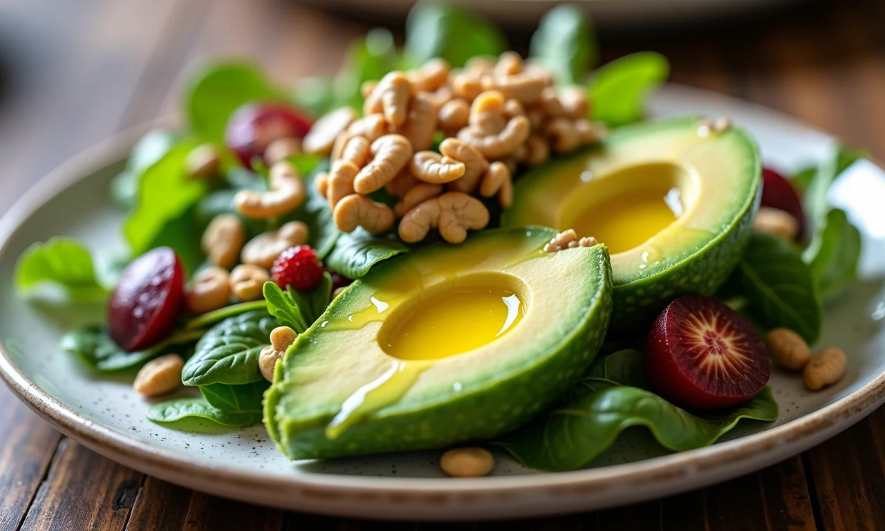 Salada colorida com abacate, nozes e azeite.
