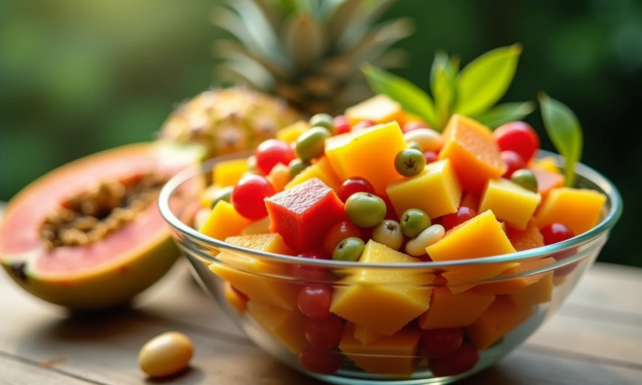 Salada de frutas colorida com frutas tropicais.