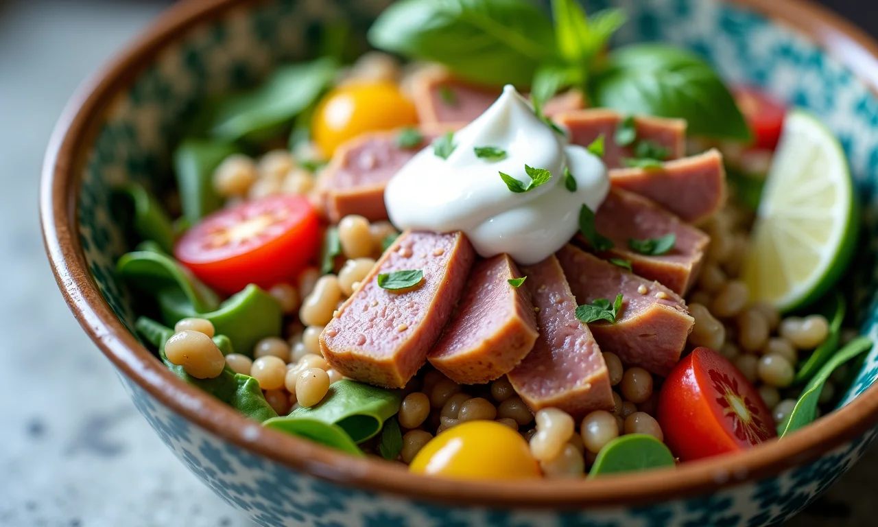 Salada de grãos com atum e molho de iogurte, leve e nutritiva.