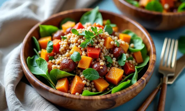 Salada de inverno colorida com vegetais assados e grãos quentes.