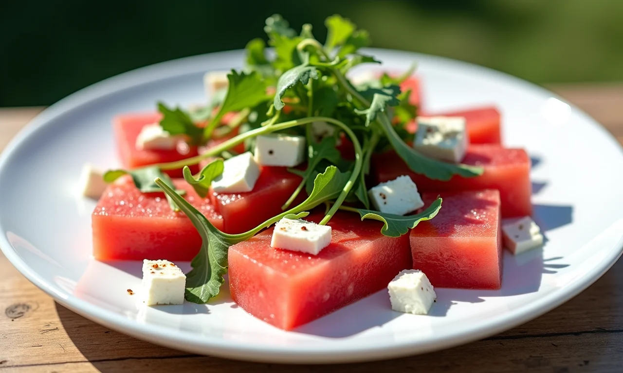 Salada de melancia com rúcula e queijo feta, refrescante e saborosa.