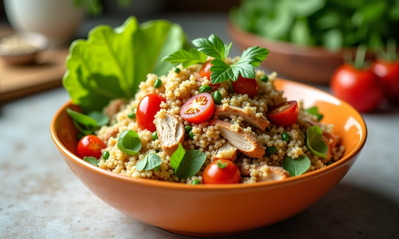 Salada de quinoa com frango desfiado e legumes crocantes, nutritiva e saborosa.