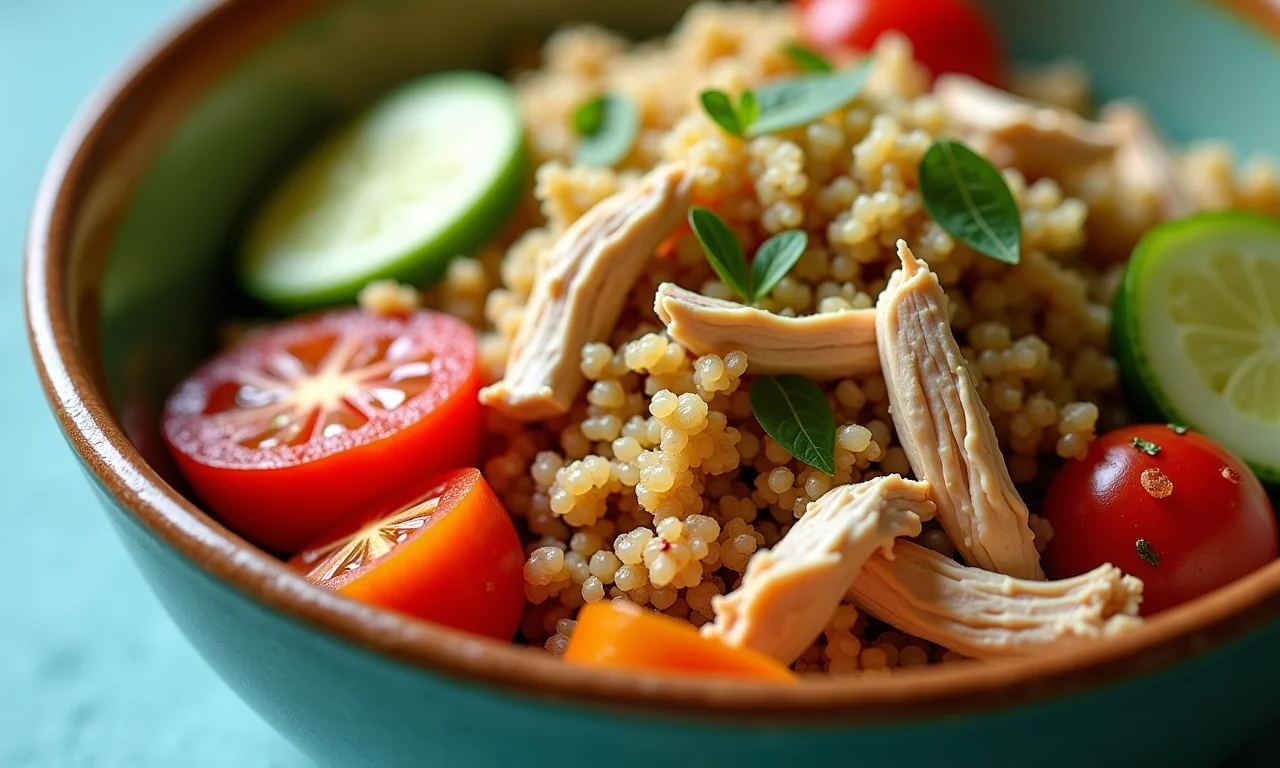 Salada de quinoa com frango desfiado em uma tigela colorida.