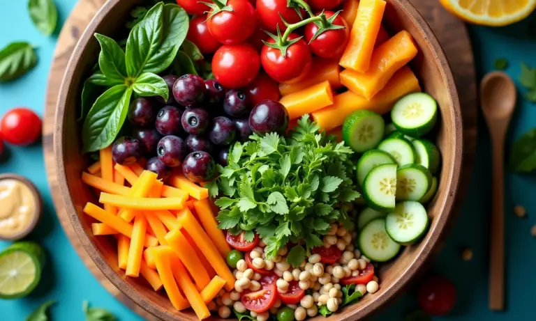 Salada de verão com ingredientes frescos e coloridos em estilo Farm Rio.