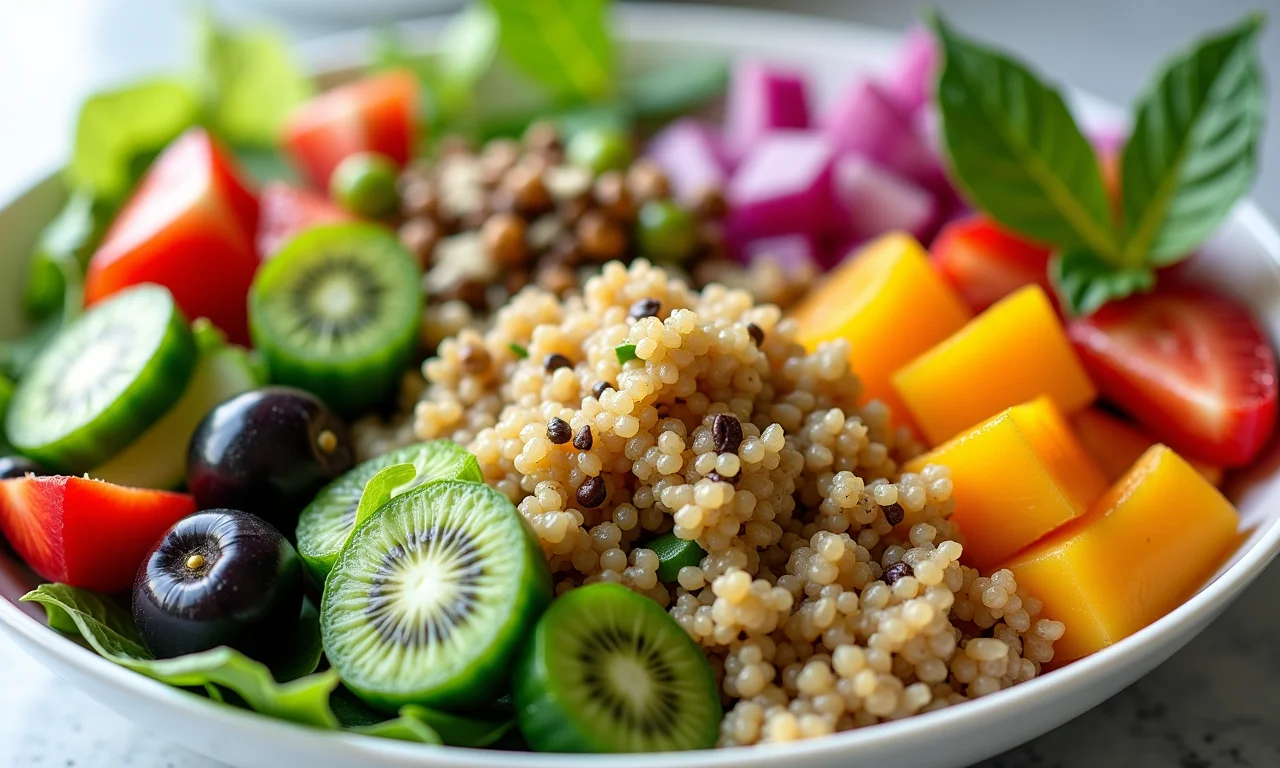 Saladas variadas com ingredientes frescos e coloridos.