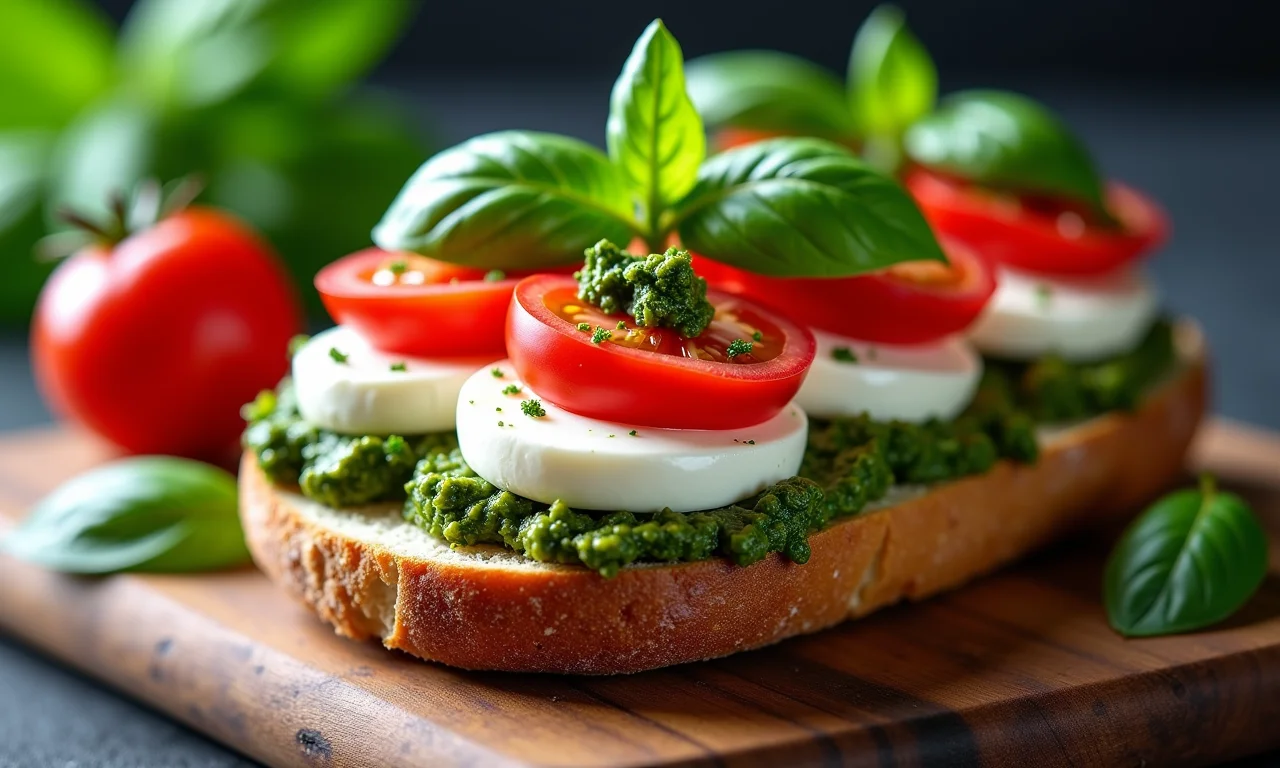 Sanduíche Caprese com pesto de manjericão, mussarela fresca e tomates.