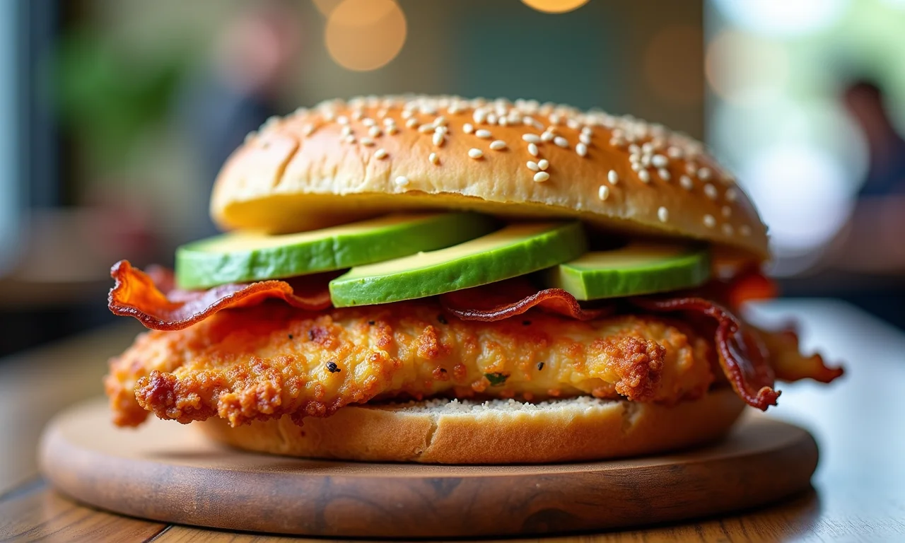 Sanduíche de frango defumado com abacate e bacon.