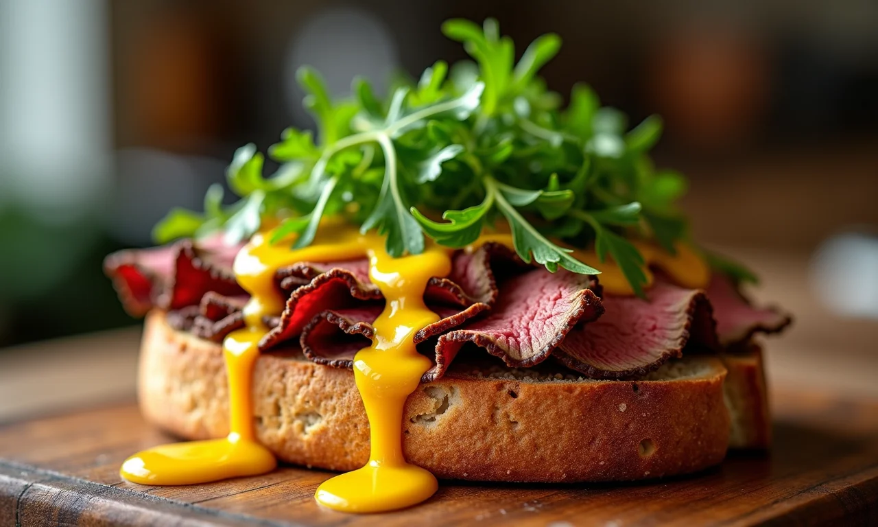 Sanduíche de rosbife com molho de mostarda e mel e rúcula fresca.
