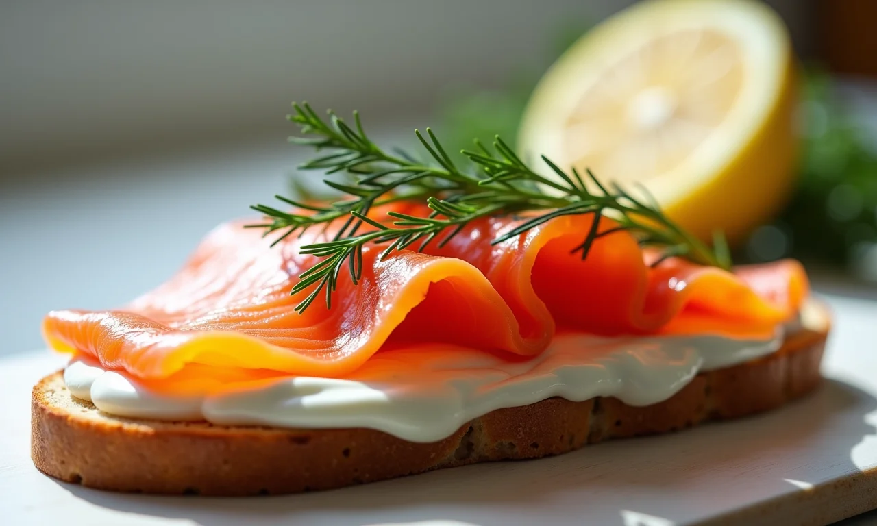 Sanduíche de salmão defumado com cream cheese e dill.