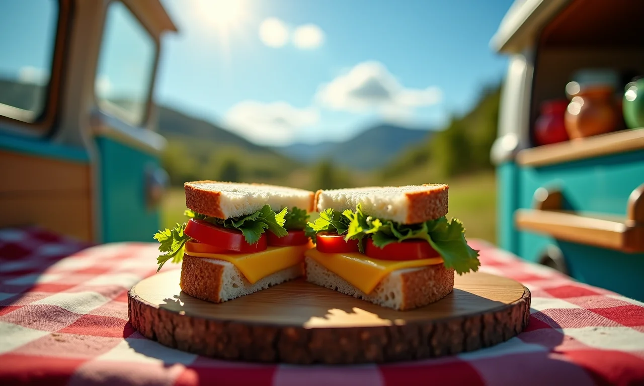 Sanduíche natural cortado ao meio em tábua de madeira dentro de campervan.