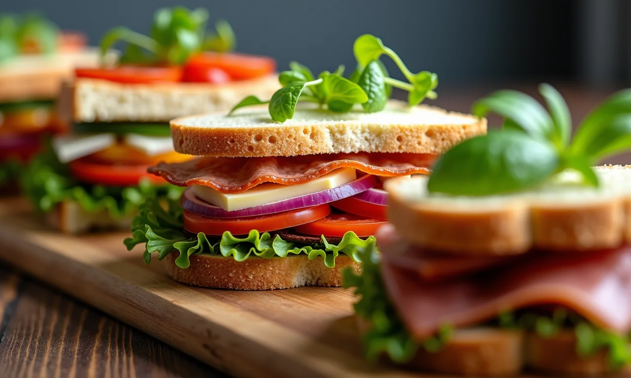 Sanduíches divertidos com recheios coloridos em tábua de madeira.