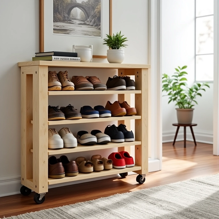 Sapateira de pallet com rodinhas na entrada, facilitando a movimentação e organização.