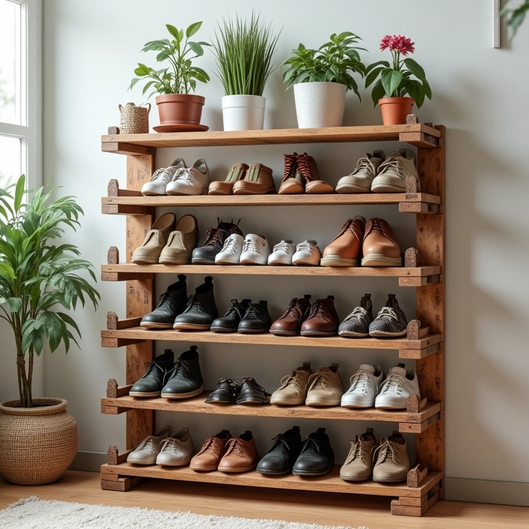 Sapateira horizontal de pallet com prateleiras, exibindo sapatos e plantas em casa brasileira.