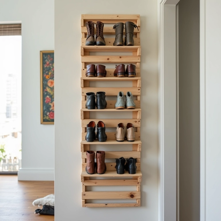 Sapateira vertical suspensa feita de pallet, otimizando espaço em corredor com decoração moderna.