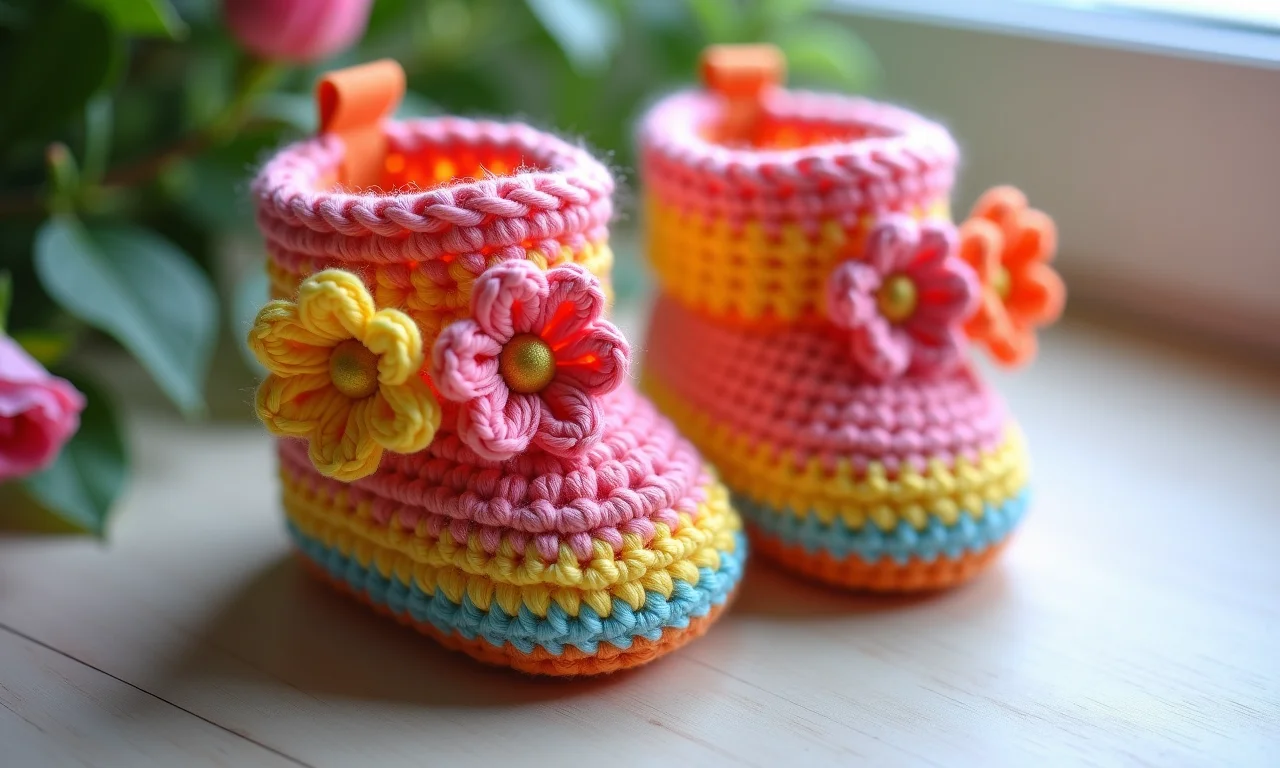 Sapatinhos de crochê com flor para bebê.