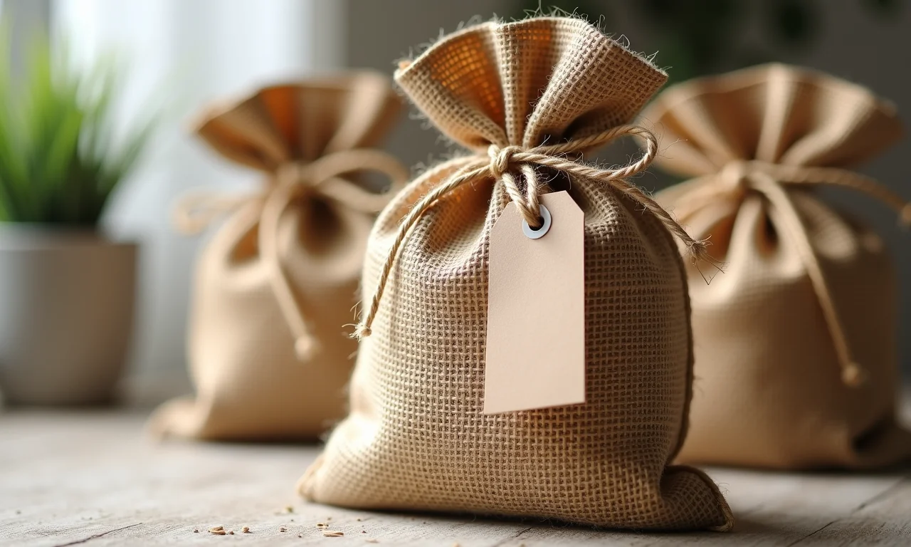 Saquinho de juta como embalagem de presente rústica e elegante.