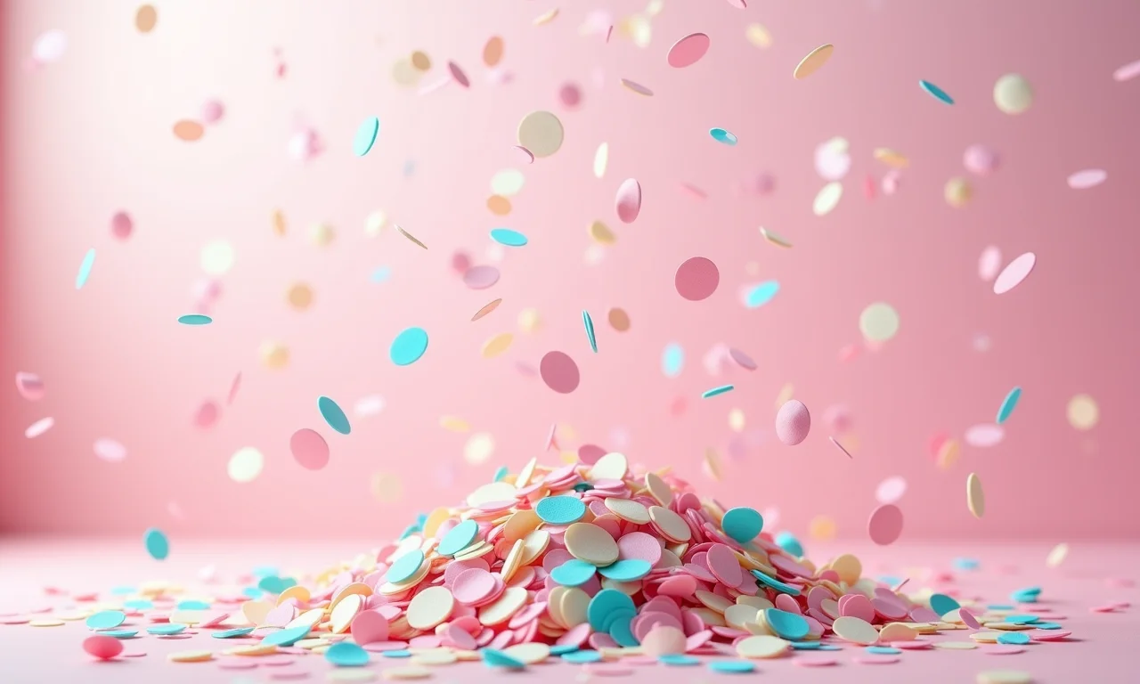 Saquinhos de confetes em cores pastel caindo em cascata.