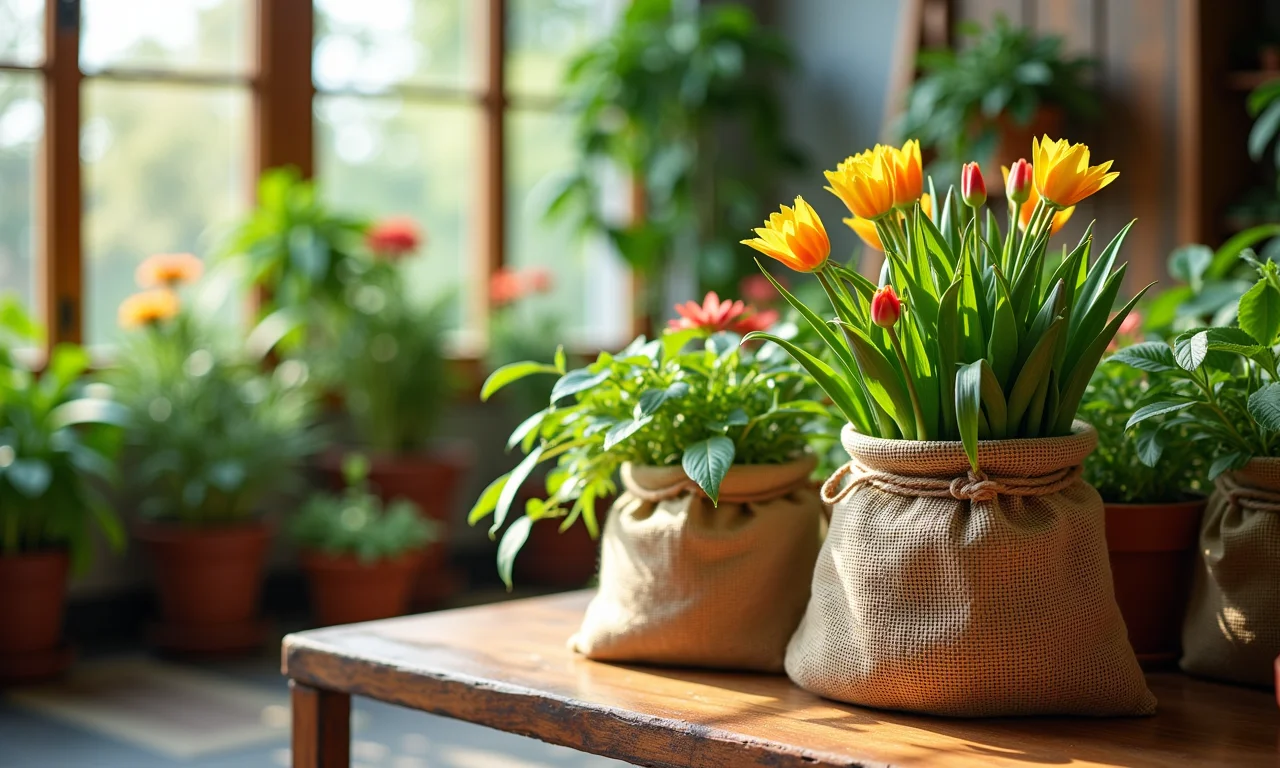 Saquinhos de juta decorando vasos de plantas em um jardim interno vibrante.