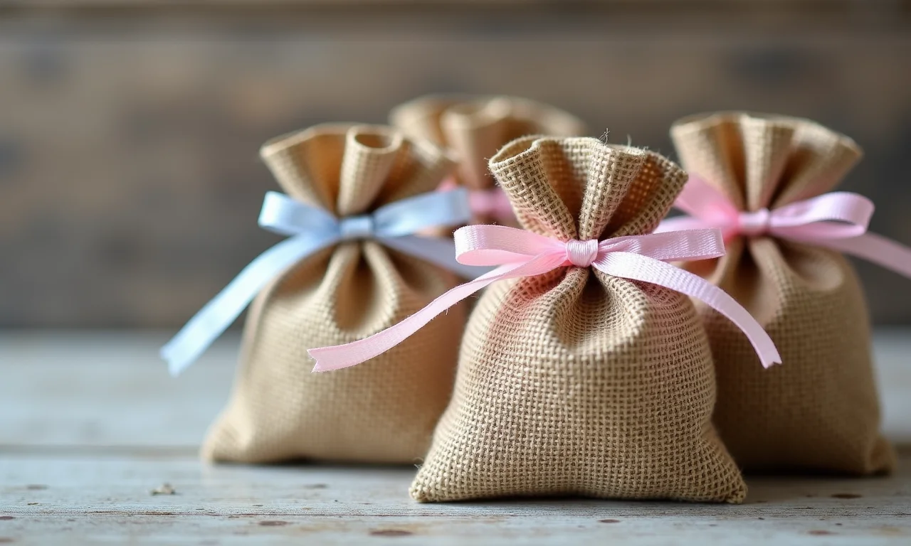 Saquinhos de juta delicados para lembrancinhas de casamento.