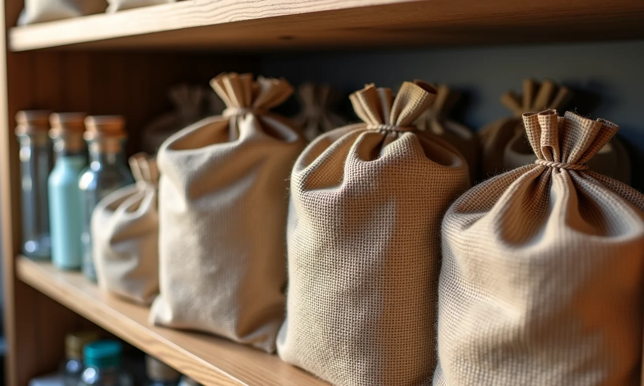 Saquinhos de juta organizando materiais de artesanato em prateleira de madeira.