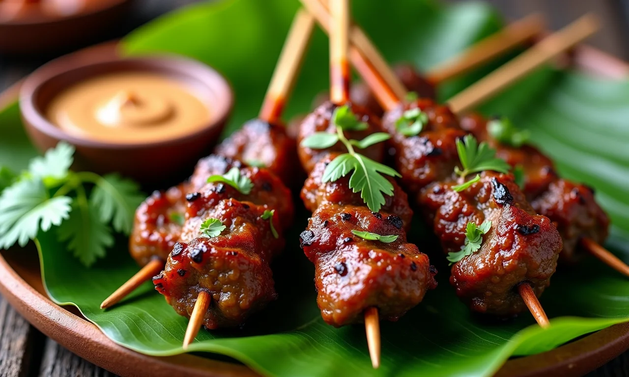 Satay de cordeiro com especiarias e ervas aromáticas, servido em folha de bananeira.