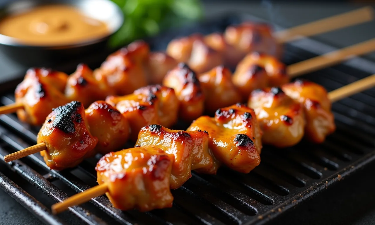 Satay de frango clássico grelhado com molho de amendoim, uma delícia irresistível.