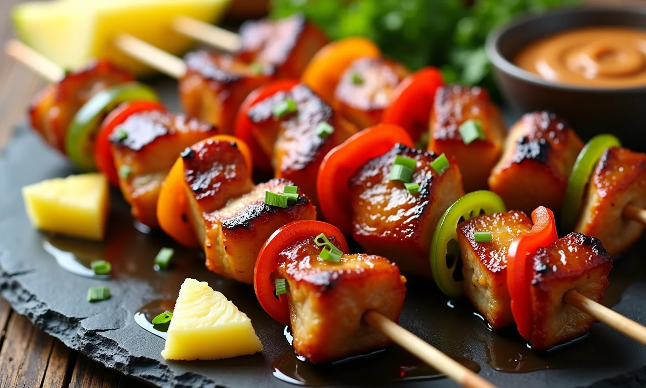 Satay de porco agridoce com abacaxi e pimentões, uma explosão de sabores exóticos.