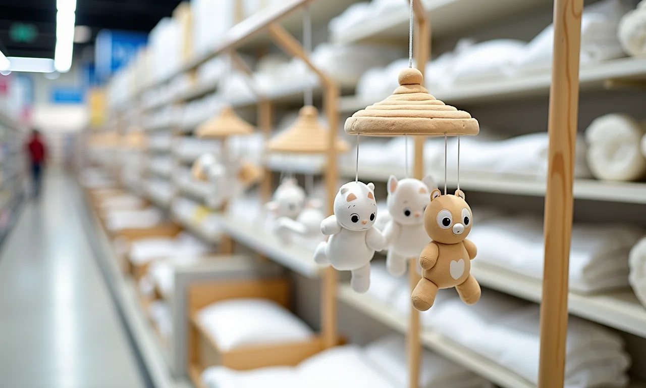 Seção de loja de departamento exibindo diferentes mobiles de berço.