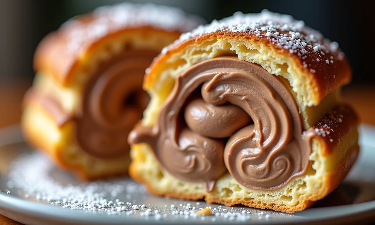 Seção transversal de um Paris-Brest mostrando o creme de avelã e a massa choux.