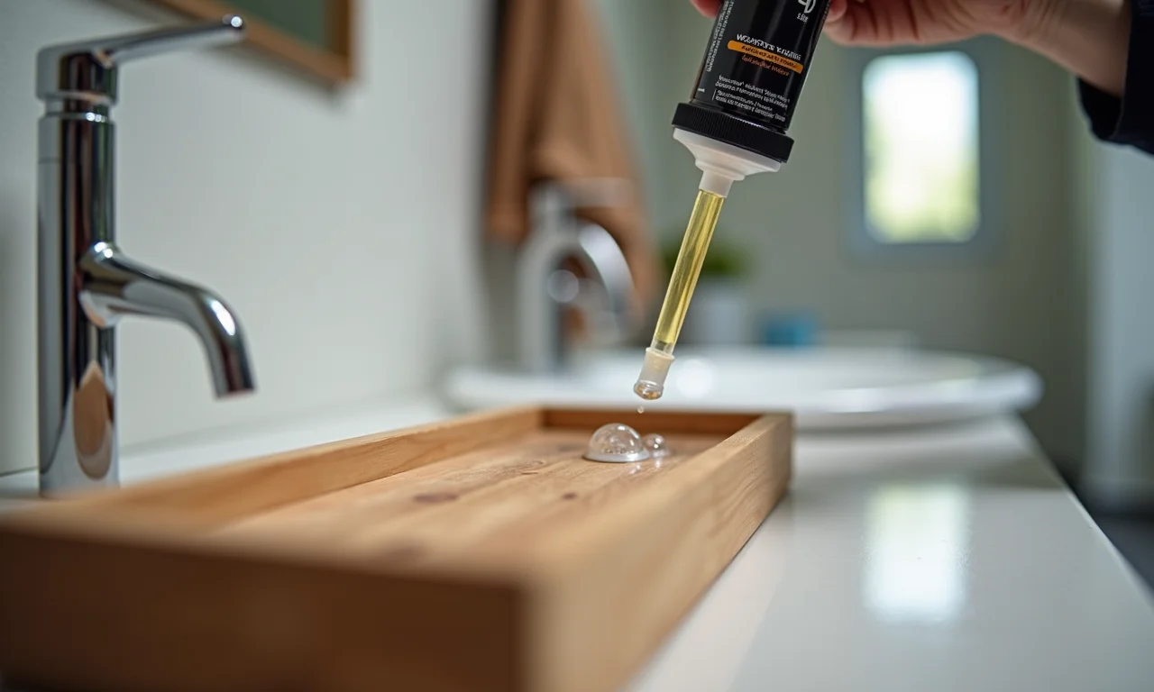 Selante à prova d'água aplicado em porta shampoo de madeira.