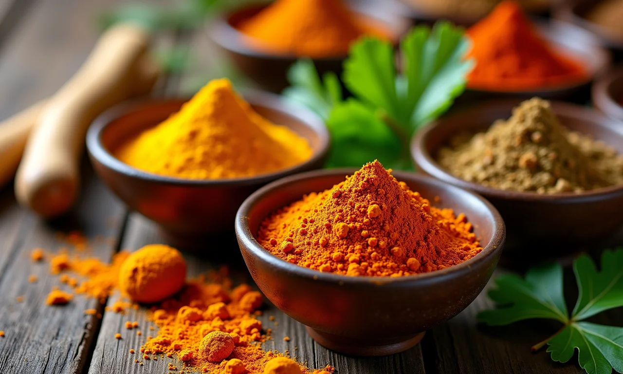 Seleção colorida de especiarias indianas: a alma do frango tikka masala.