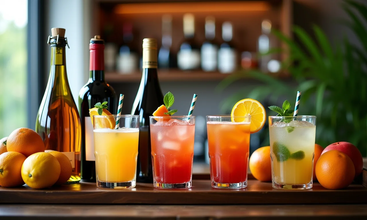 Seleção de bebidas e drinks refrescantes em um bar charmoso.