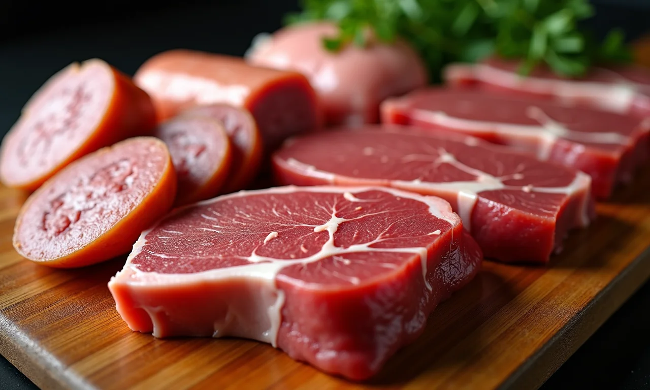 Seleção de carnes cruas para churrasco em tábua de madeira.