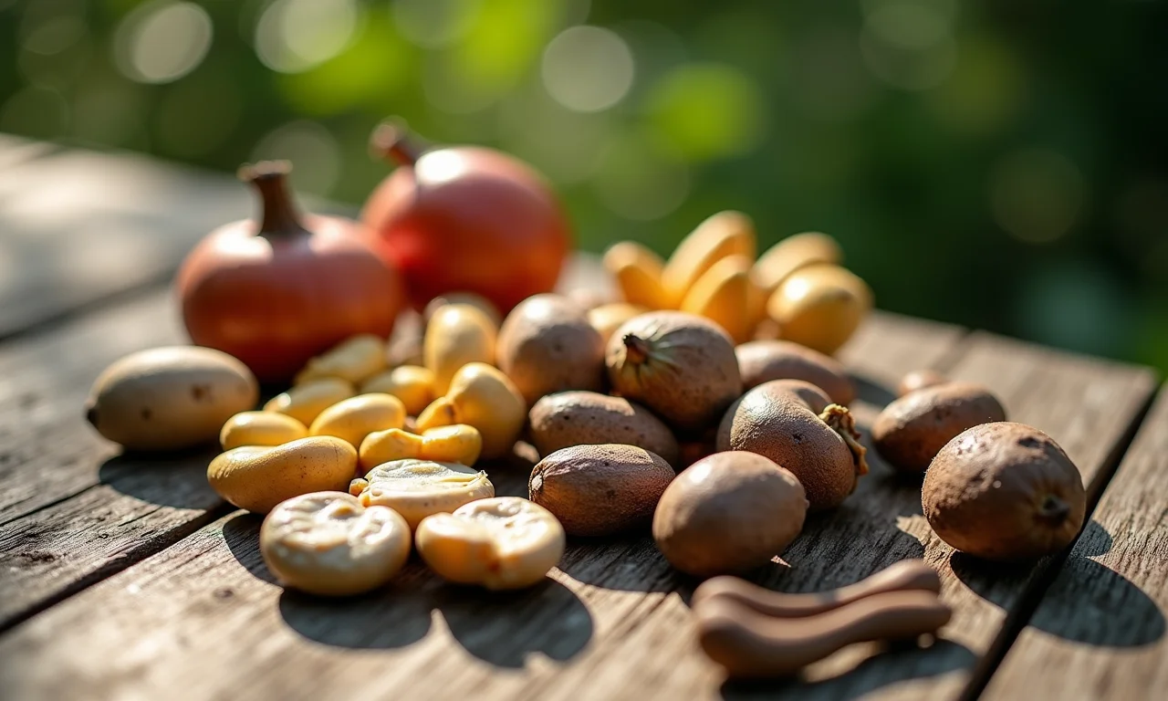 Seleção de sementes de pupunha em mesa rústica.