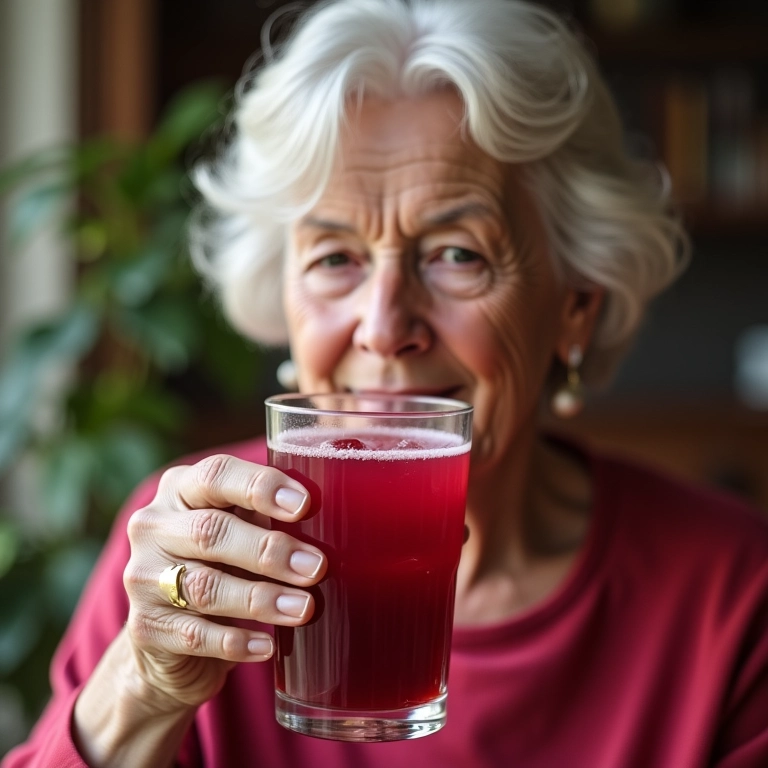 Senhora bebendo suco de cranberry.