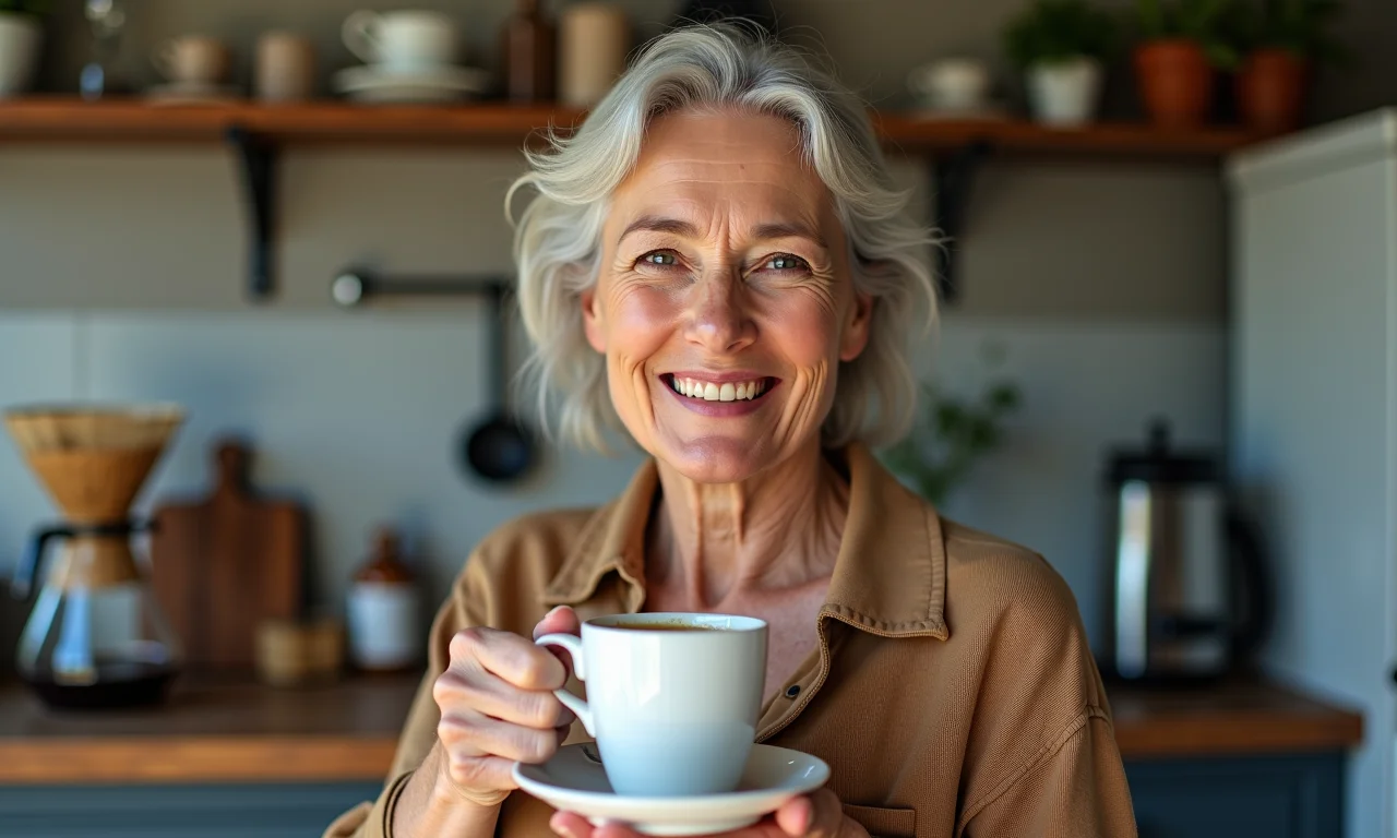 Senhora experiente sorrindo, segurando xícara de café coado.