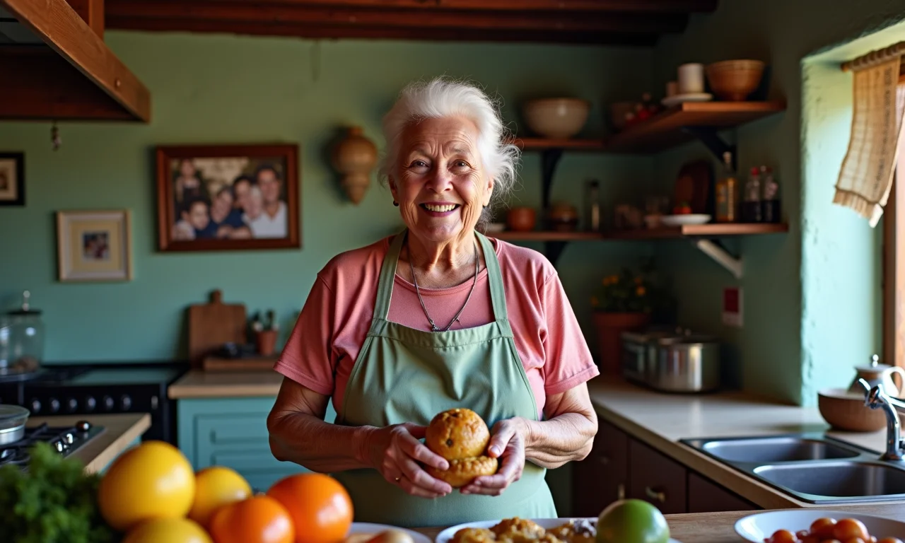 Senhora preparando canja, transmitindo cuidado e tradição.