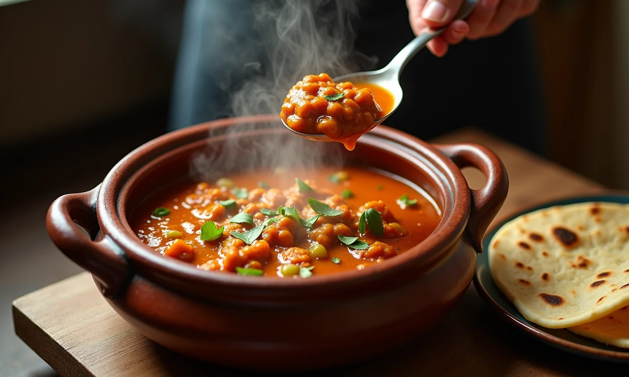 Servindo rogan josh com pão naan em uma cozinha aconchegante.