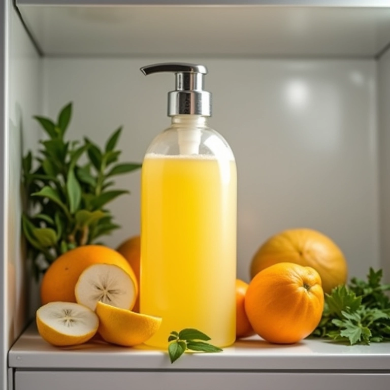 Shampoo caseiro na geladeira com ingredientes frescos.