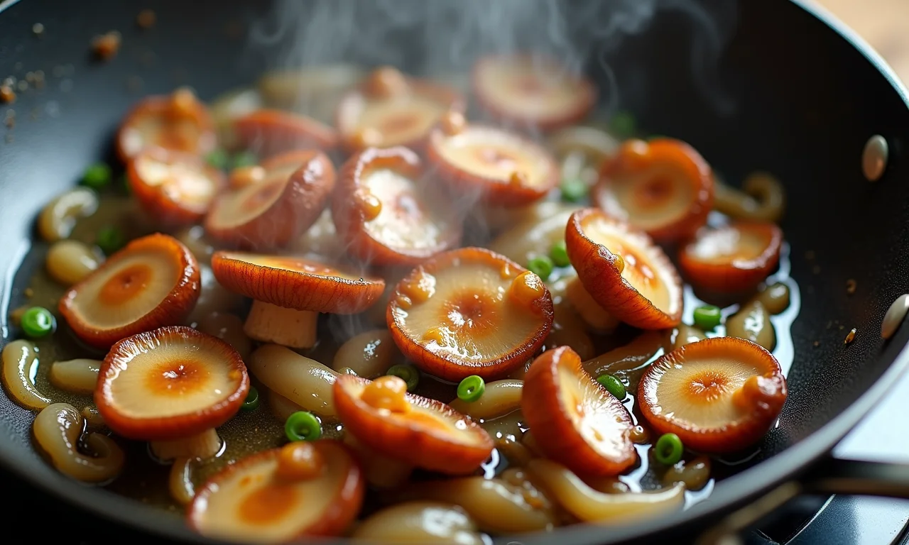 Shimeji acebolado sendo preparado.