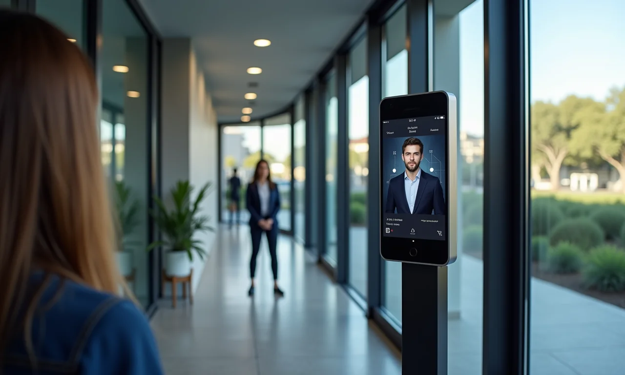 Sistema de reconhecimento facial Digicon em entrada de prédio no Brasil.