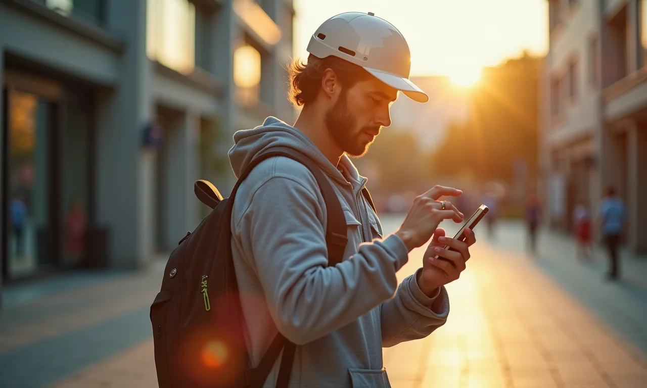 Skatista checando nível da bateria do skate elétrico no celular.