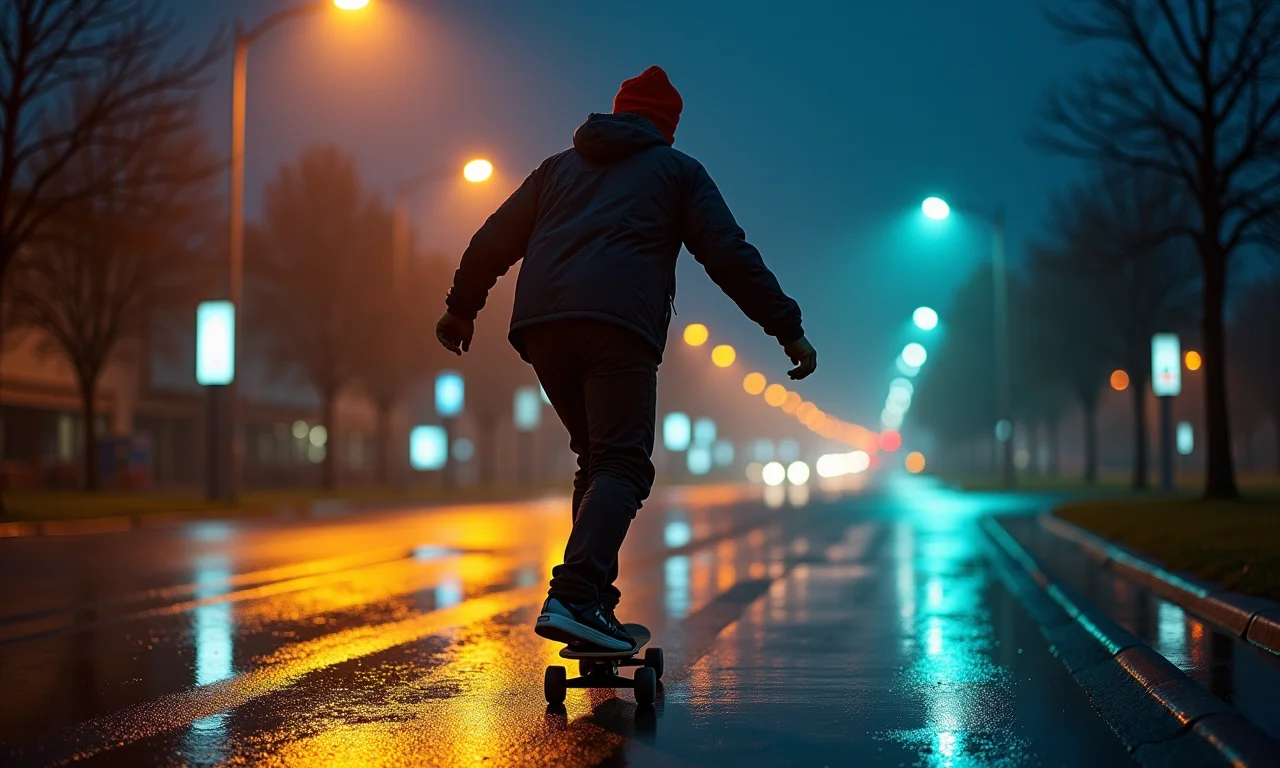Skatista elétrico andando na chuva com cautela.