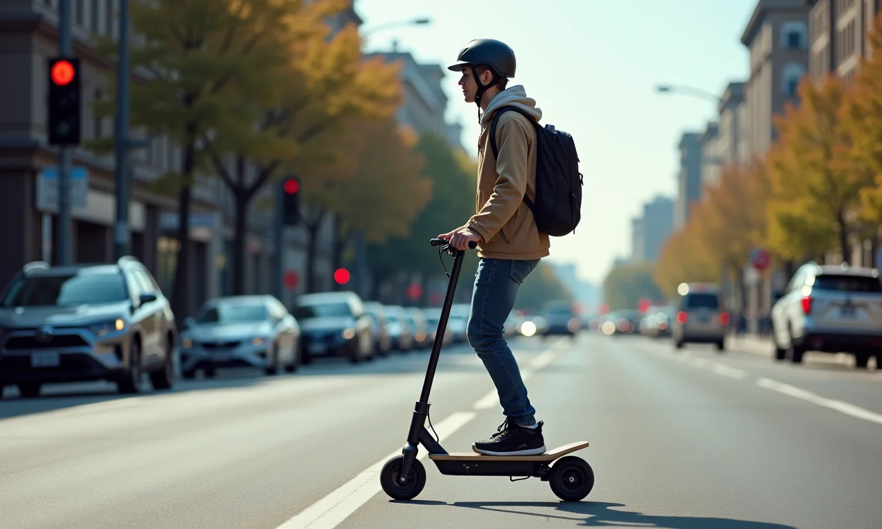 Skatista elétrico parado no semáforo, respeitando as leis de trânsito.